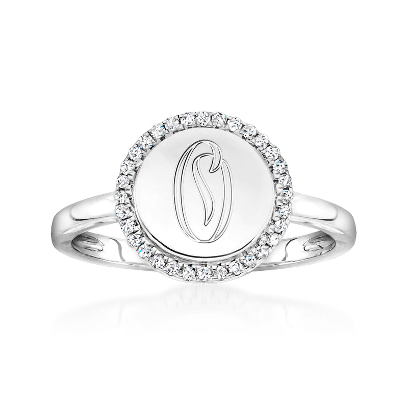 Sterling silver personalized circle ring with diamond halo and engraved monogram
