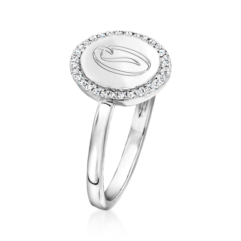 Sterling silver diamond-accented circle ring with engraved monogram, rounded band