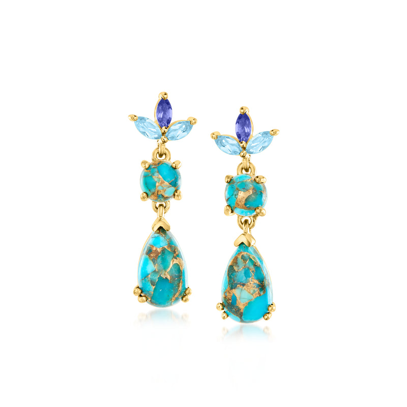 Gold-tone drop earrings with teal and blue stone drops, gold bezels