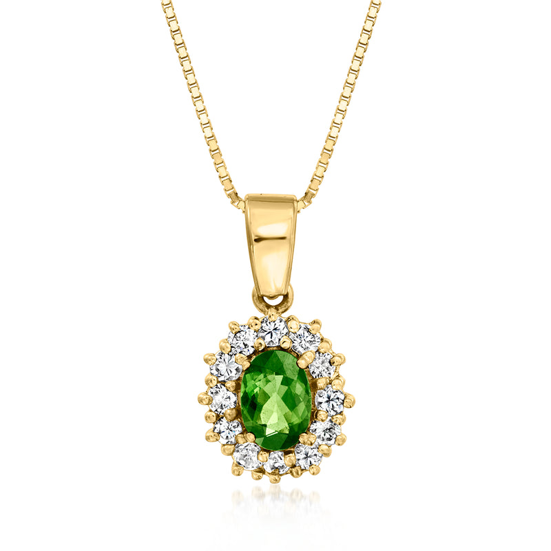 14kt yellow gold pendant necklace with green tourmaline center and diamond halo