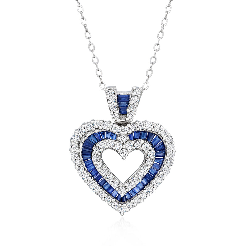 14kt white gold heart pendant necklace with diamond halo and blue sapphire center