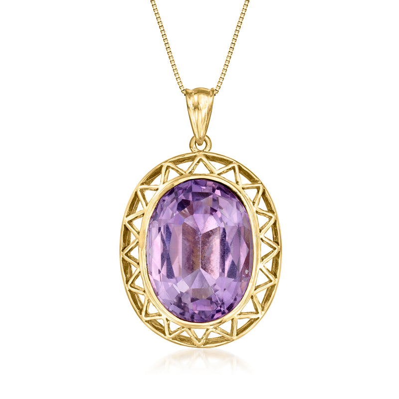 Vintage amethyst pendant necklace with oval purple stone in ornate 18k yellow gold setting