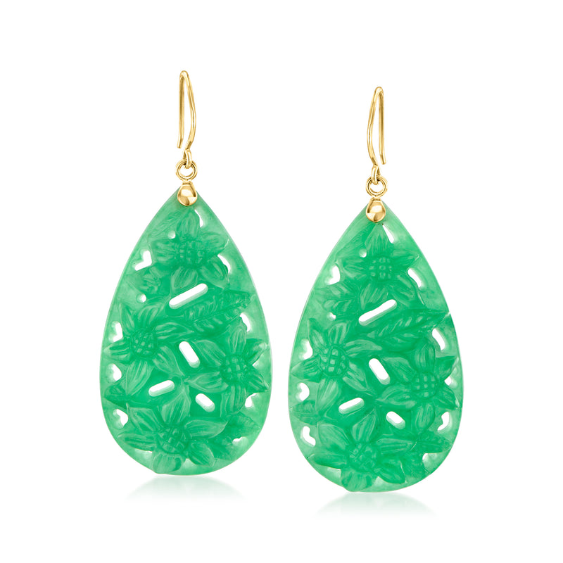 Carved green jade teardrop drop earrings with floral pattern and 14kt yellow gold hooks