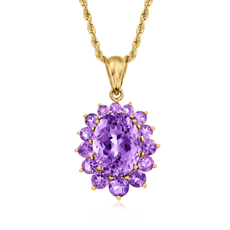 14kt yellow gold amethyst pendant necklace with faceted oval center and purple halo.