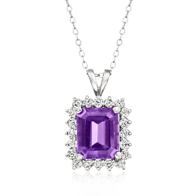 Amethyst square pendant necklace with diamond halo, white gold chain