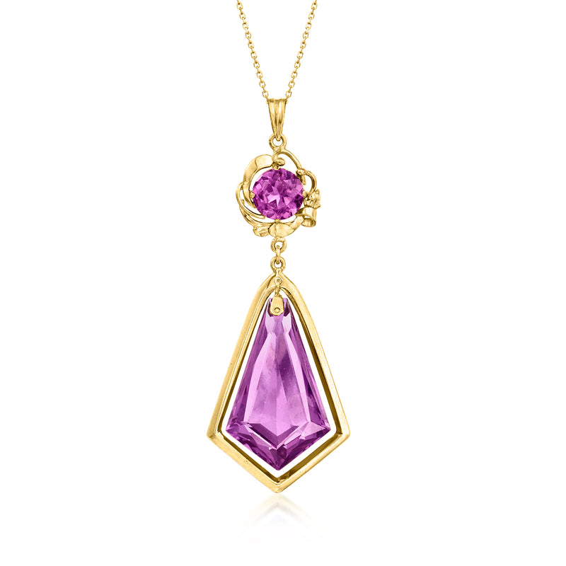 Yellow gold pendant necklace with round and marquise-cut purple sapphire stones