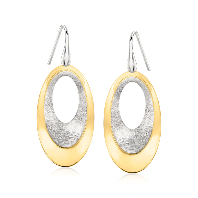 Gold over silver double-oval drop earrings with polished oval frames, earwire hooks