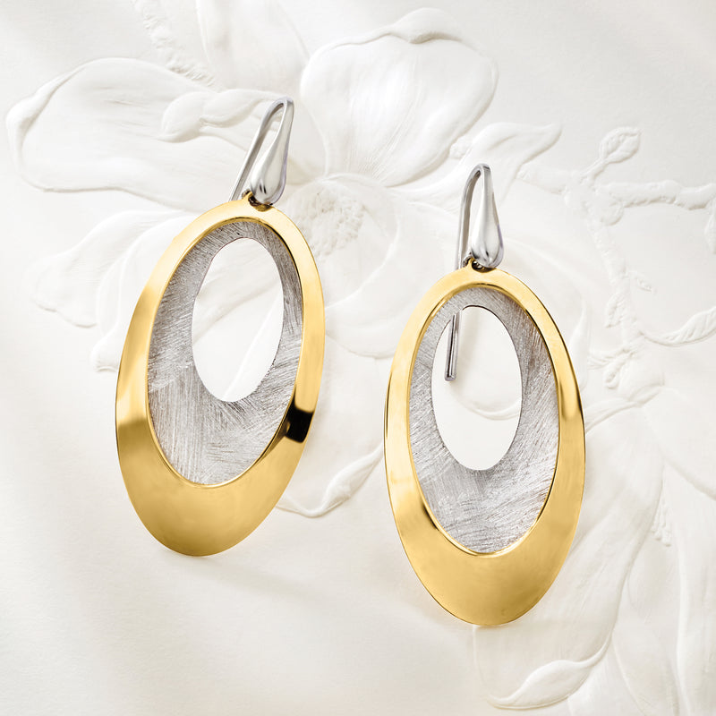 Double-oval drop earrings: yellow-gold outer oval, silver inner oval, earwire hooks
