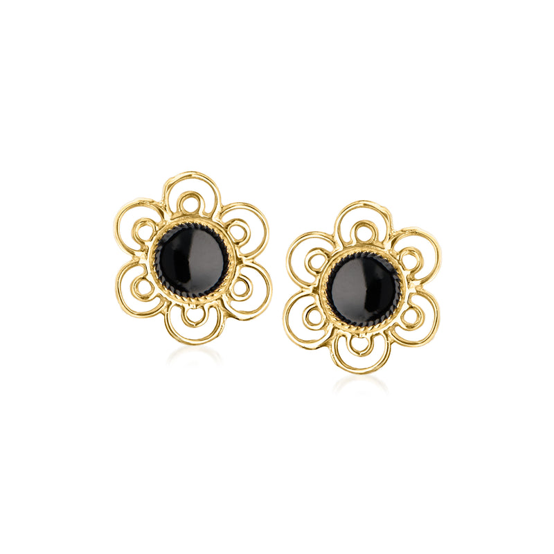 14kt yellow gold floral black enamel stud earrings with round black centers