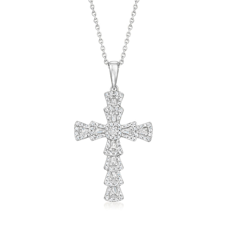 14kt white gold diamond cross pendant necklace with flared cross design
