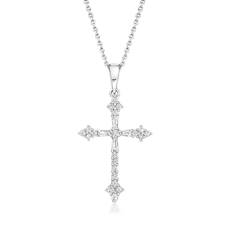 14kt white gold cross pendant necklace with diamond accents on a chain
