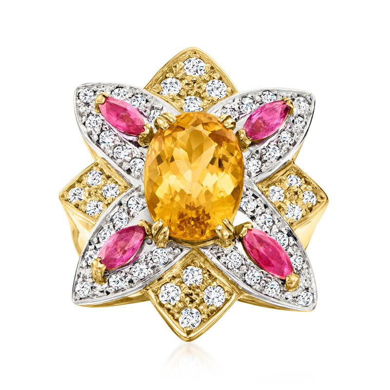 Vintage yellow topaz and ruby diamond ring in 18k yellow gold, starburst center