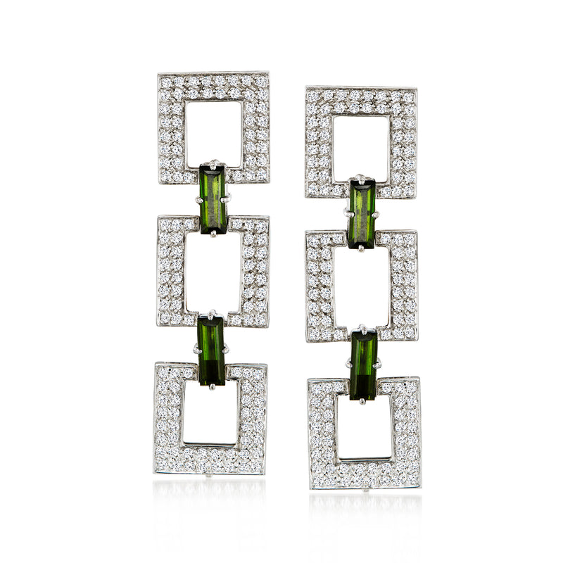 Square diamond and green tourmaline drop earrings in white gold