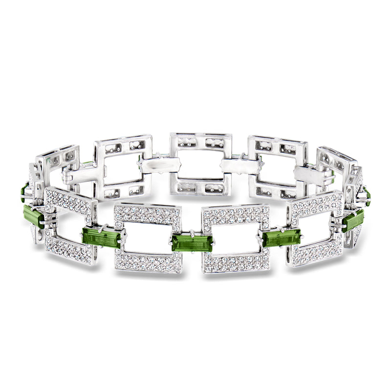 Vintage square-link bracelet in 18kt white gold with green tourmaline and diamond accents