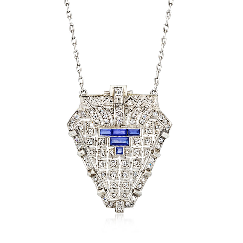 Diamond and blue sapphire pendant necklace in platinum with white gold accents