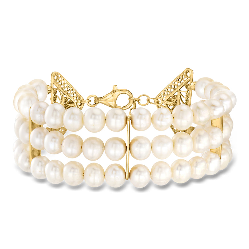 Cultured pearl three-row bracelet with gold-tone clasp and ornate end pieces
