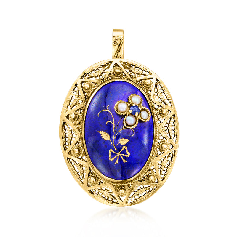 Vintage oval blue enamel flower pendant in 14kt yellow gold with pearl accents