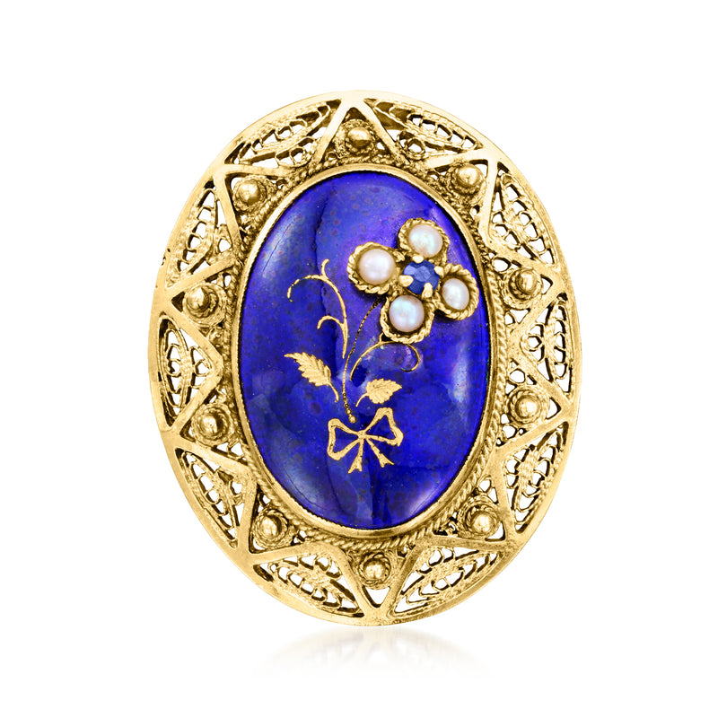 Oval blue enamel flower pendant with pearl and sapphire-blue accents in 14kt yellow gold