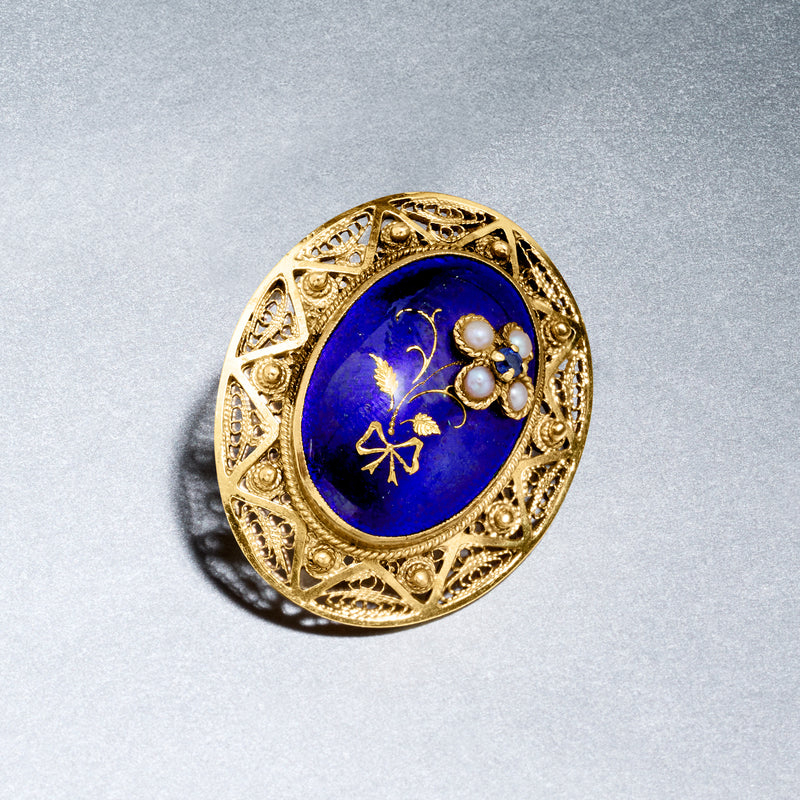 14kt yellow gold oval blue enamel pendant with pearl flower and filigree border
