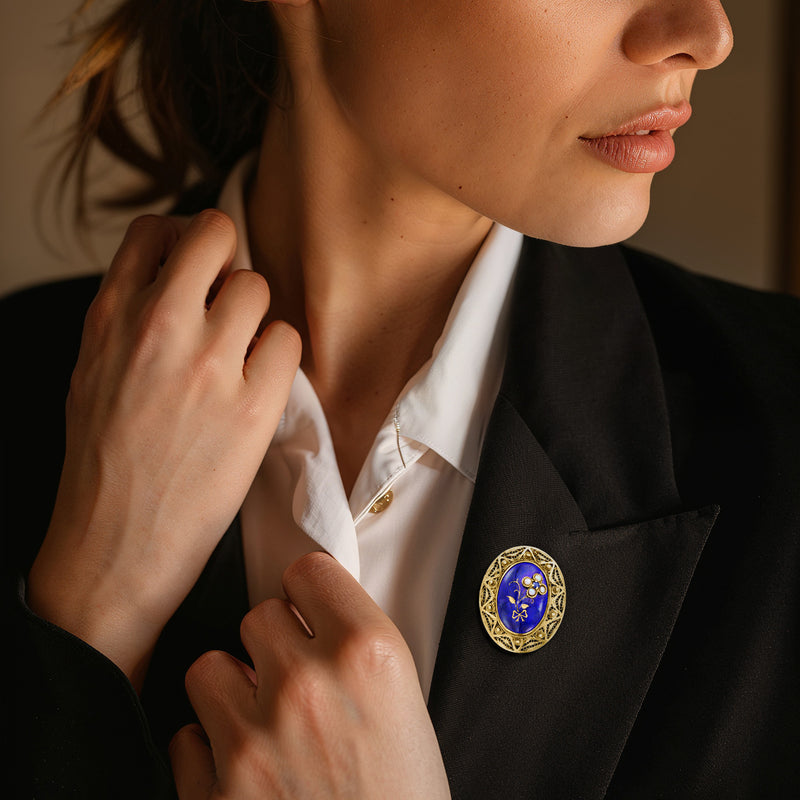 Blue enamel oval flower pin pendant with pearl accents in 14kt yellow gold