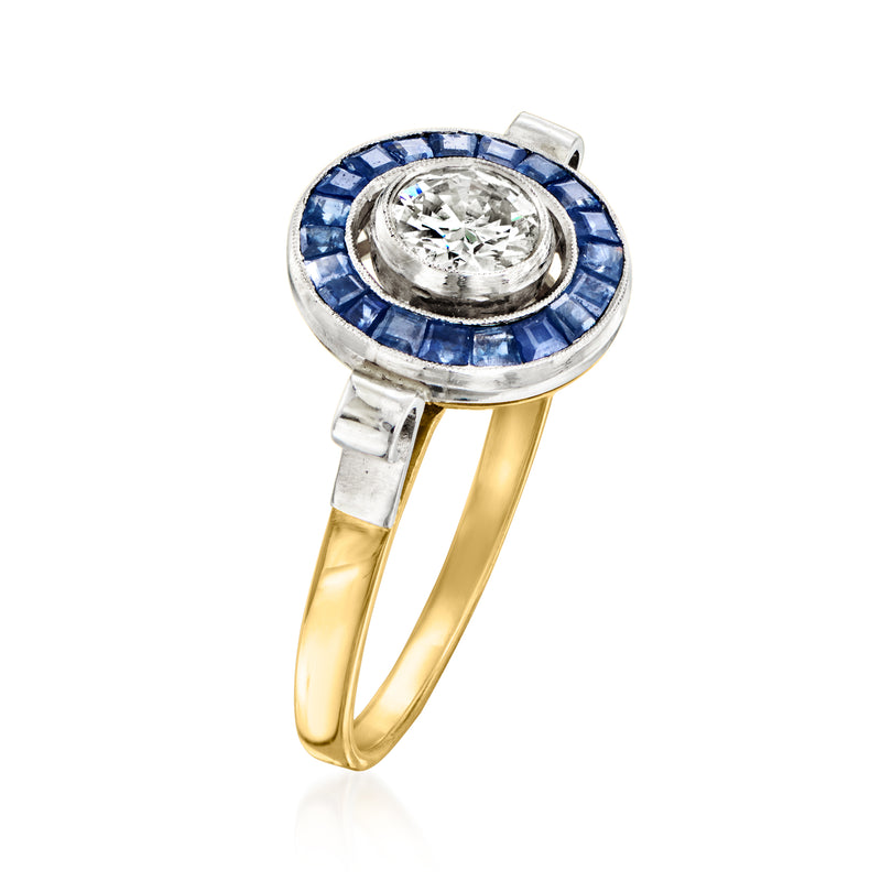 Round center diamond with blue sapphire halo, platinum setting and 18k yellow gold band