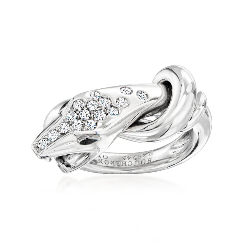 18kt white gold diamond snake ring with round stones, polished metal bands.