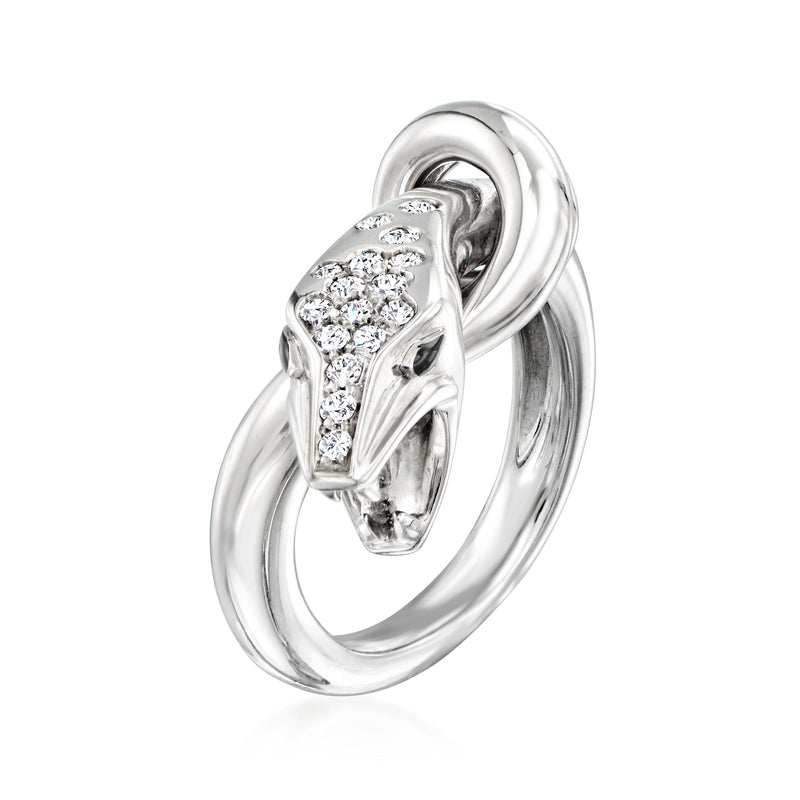 Diamond snake ring in 18kt white gold, round stones on an arched setting.