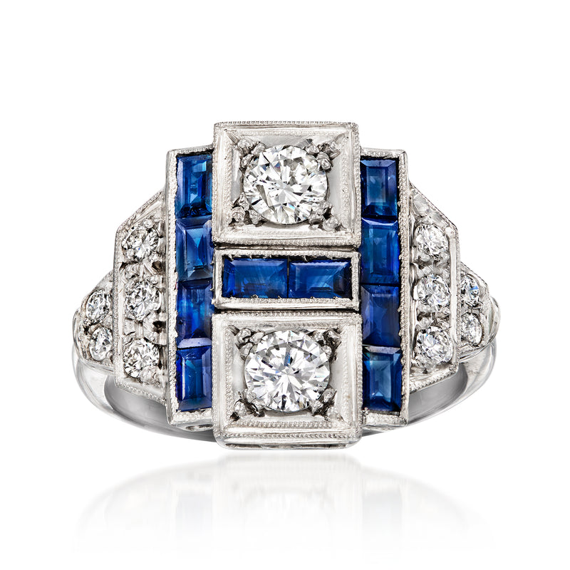 Platinum vintage ring with square sapphire accents and diamond center stones