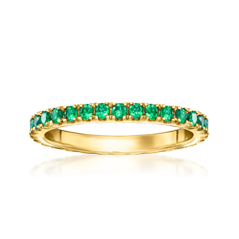 18kt gold over sterling eternity band with green emerald-cut stones around top