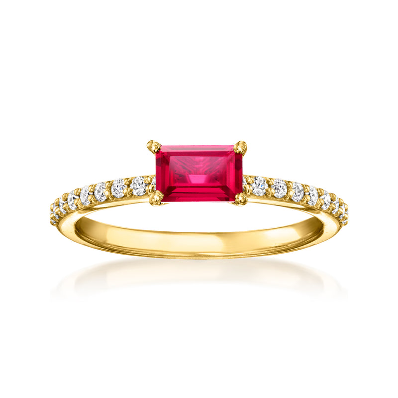 Gold ring with emerald-cut red ruby and pavé diamond band