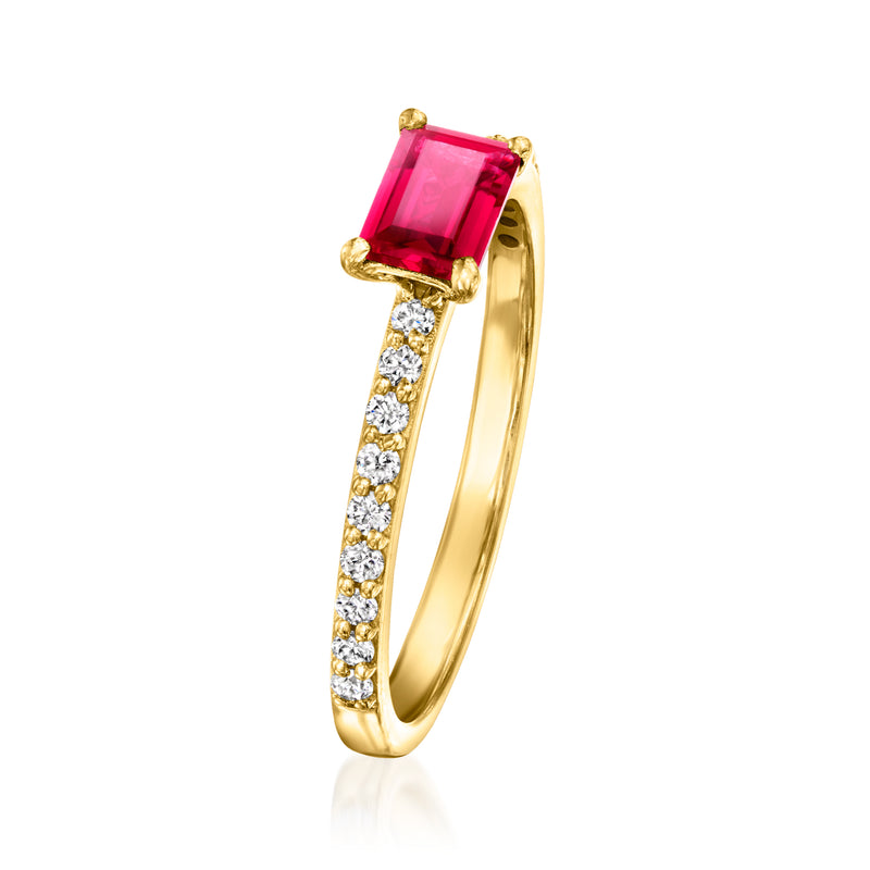 Gold ring with square ruby and diamond-accented band