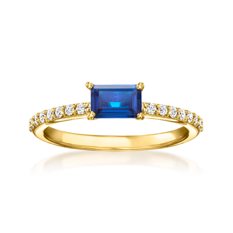 Lab-grown sapphire ring in gold vermeil with rectangular blue center stone and diamond band