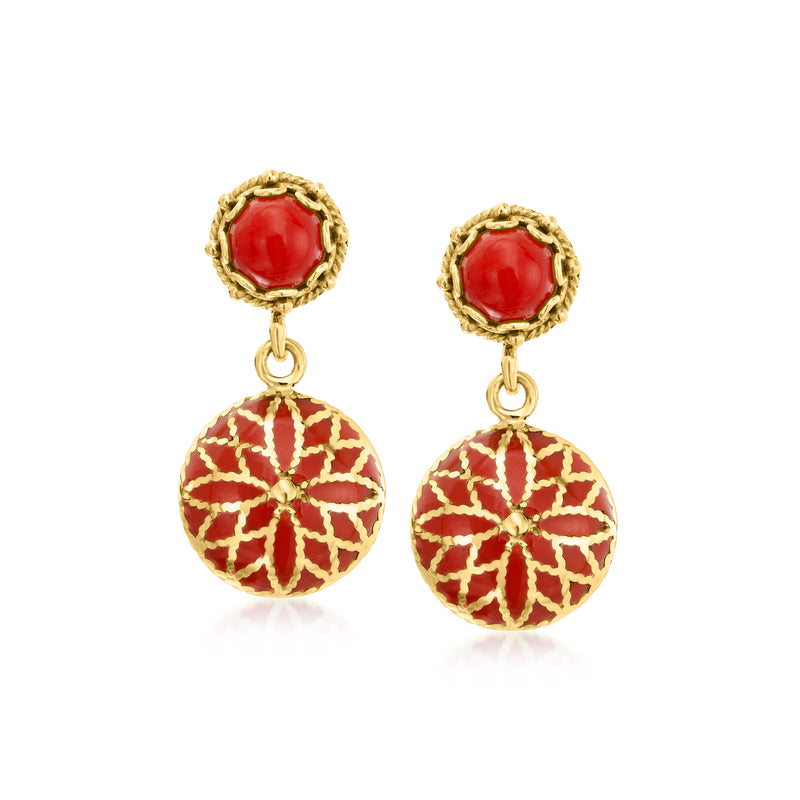 Gold drop earrings with red enamel round tops and circular patterned red drops