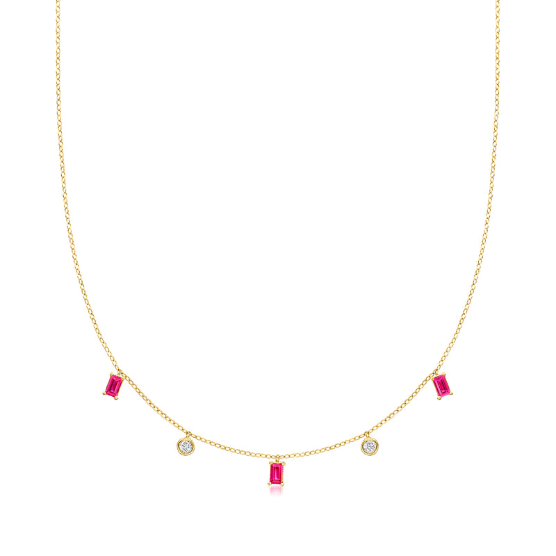 Gold vermeil station necklace with pink ruby squares and small diamond rounds