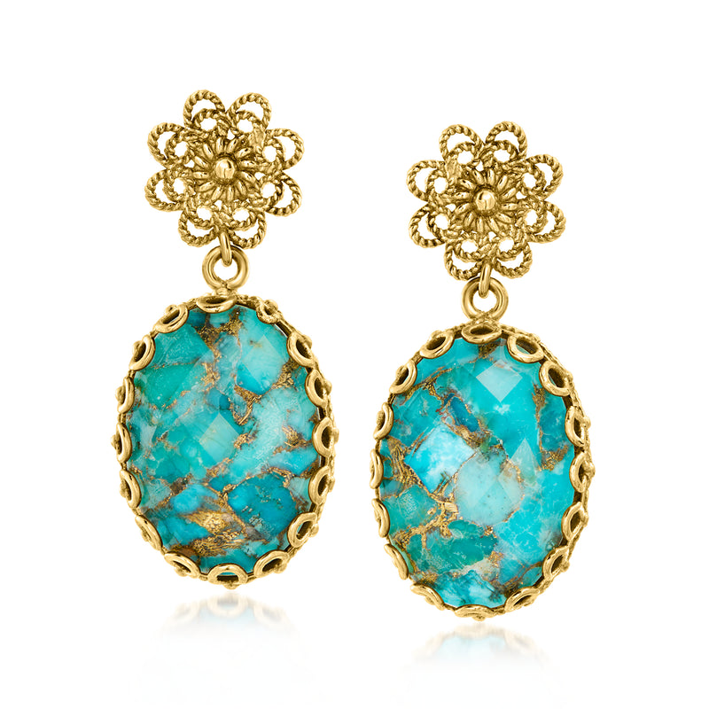 Gold over sterling turquoise oval drop earrings with ornate flower tops