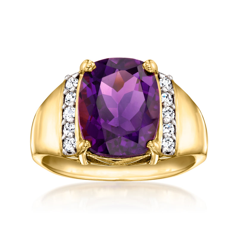 18kt gold over sterling ring with large purple amethyst center and diamond side stones