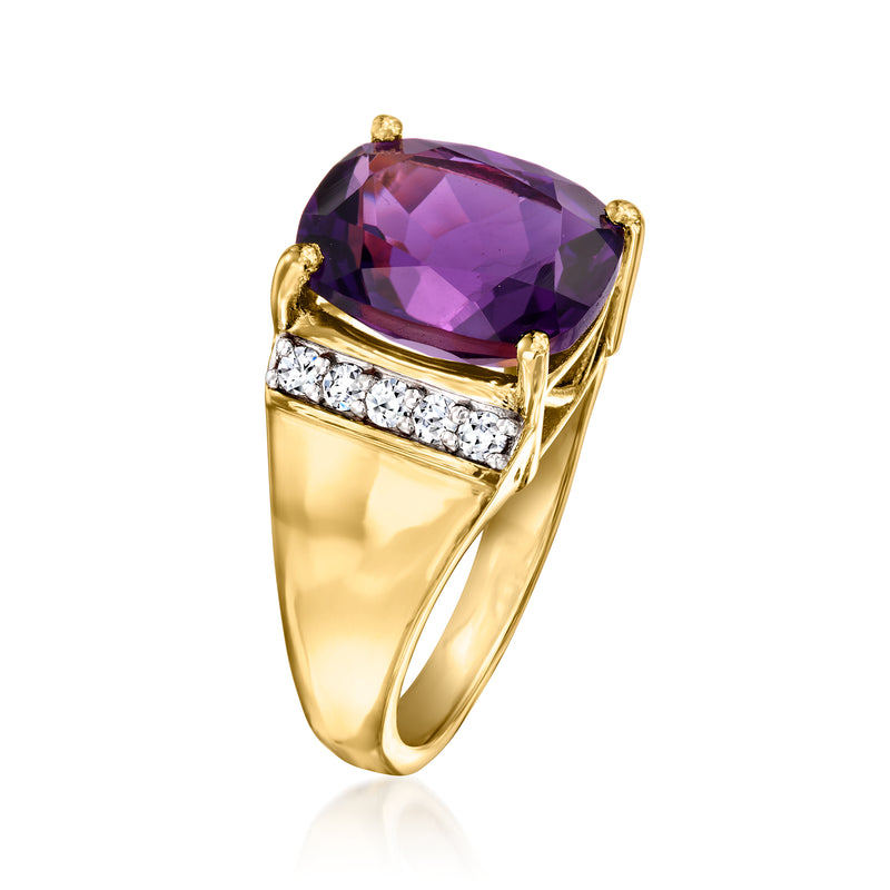 Purple amethyst cushion ring with diamond band accents in gold-tone setting