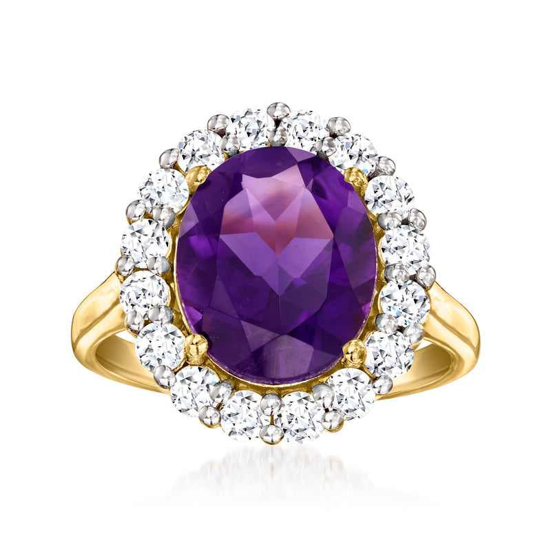 18kt gold over sterling amethyst ring with oval purple center and diamond halo