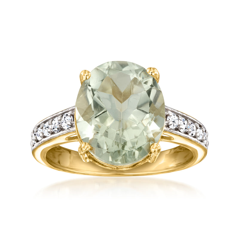 Prasiolite ring with oval center stone and diamond-accented gold band