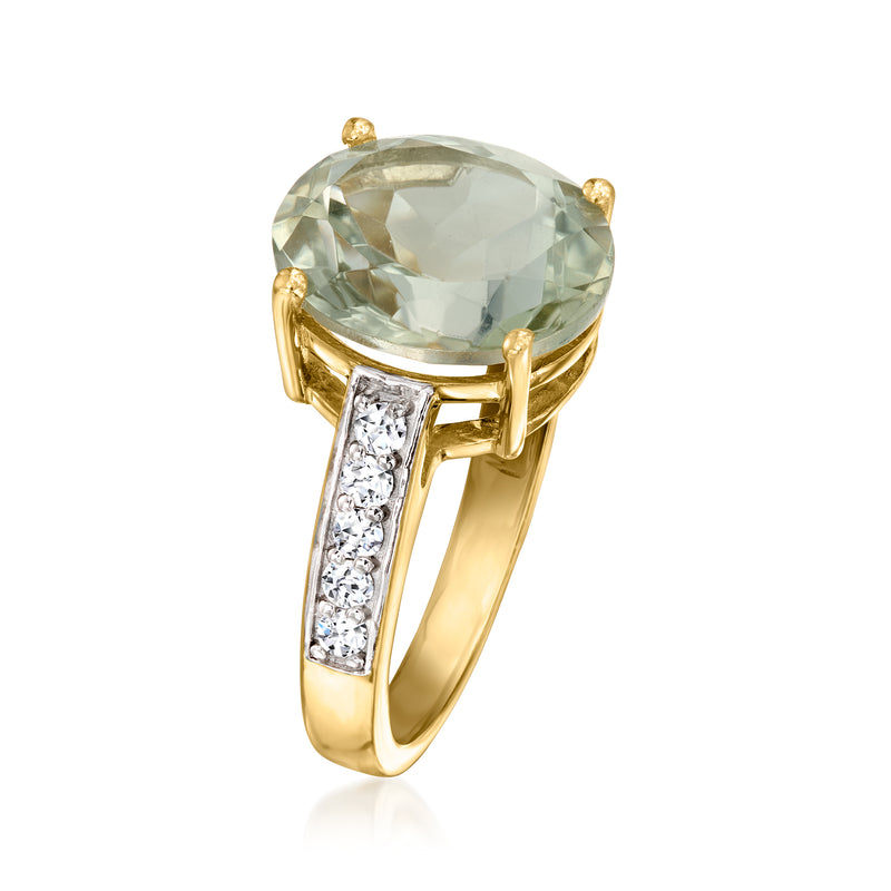 Gold over sterling ring with oval prasiolite four-prong setting and vertical diamond accents