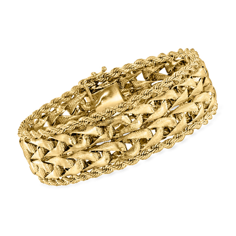 Vintage 14kt yellow gold rope-edge bracelet with braided border and woven links