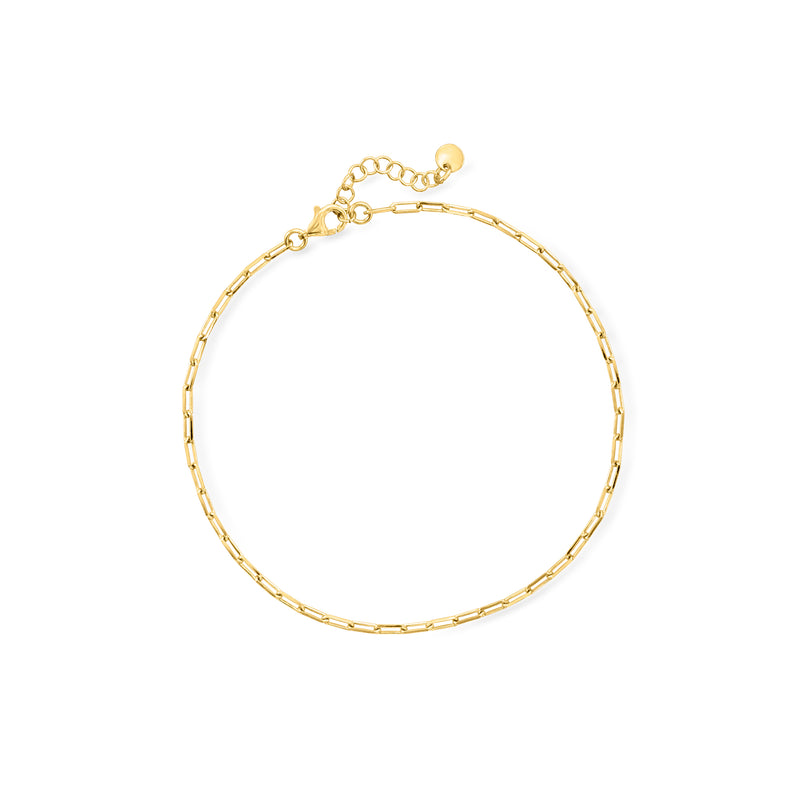 Gold vermeil paper clip link anklet with oval links and clasp at end.