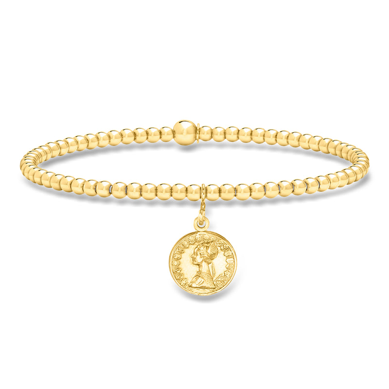 Gold bead stretch bracelet with hanging round coin charm dangle