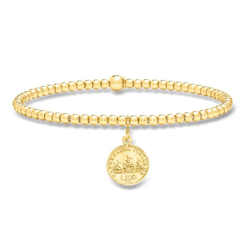 Gold bead stretch bracelet with hanging round coin charm