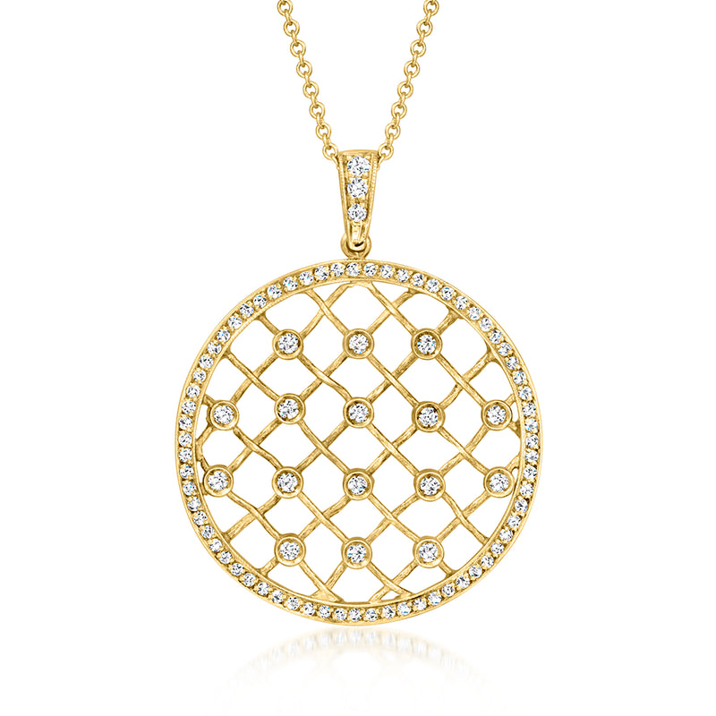 18kt yellow gold diamond openwork round pendant necklace with linked chain