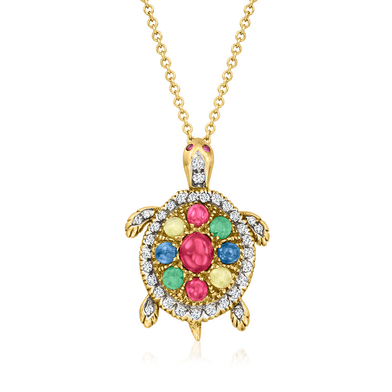18kt yellow gold turtle pendant necklace with multicolor gemstones and diamond halo