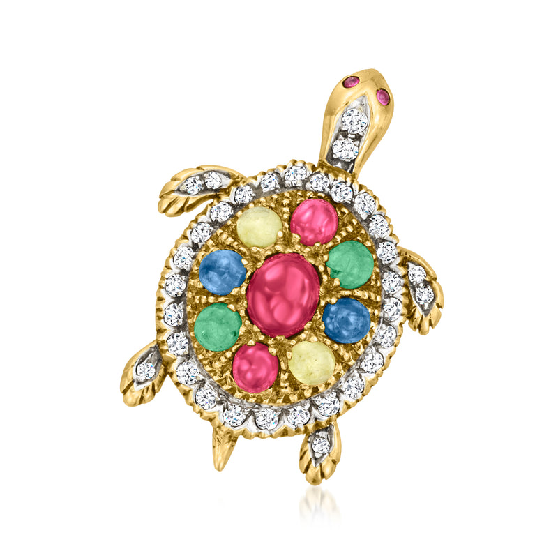 Vintage turtle pin-pendant in 18kt yellow gold with multicolor gemstones and diamonds