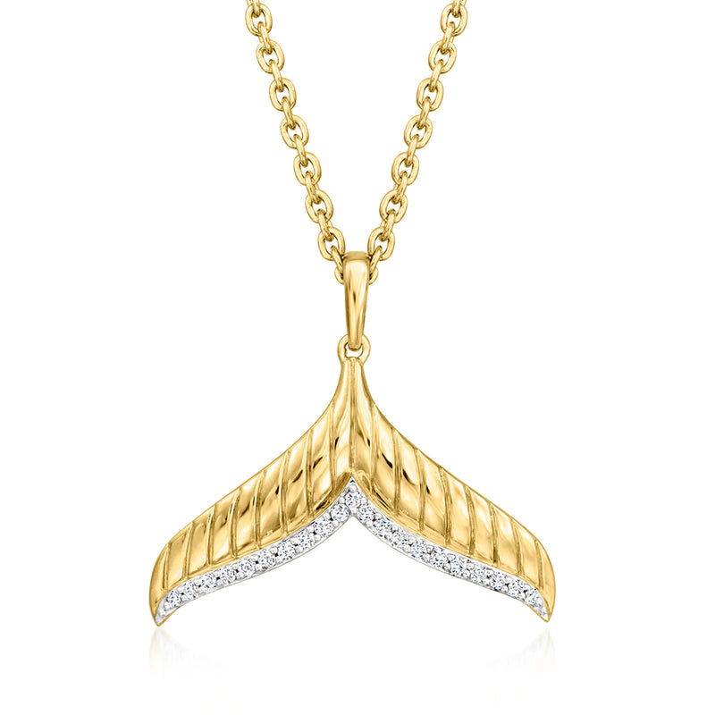 18kt gold whale-tail pendant necklace with diamond-look accents and link chain
