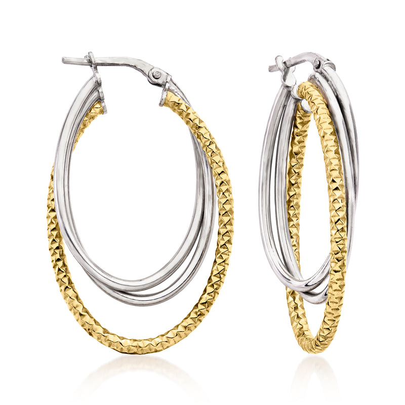 Triple-hoop earrings with silver hoops and textured gold inner hoops
