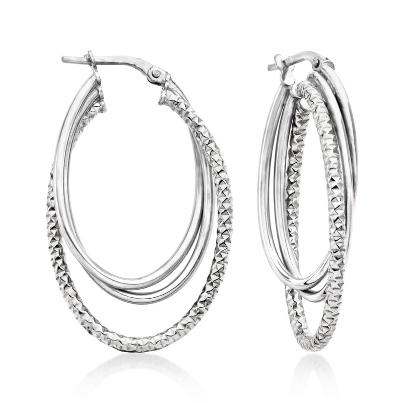 Italian sterling silver triple-hoop earrings with textured outer hoops, side view